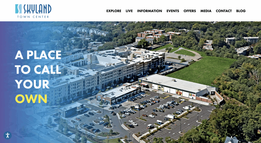 A screenshot of Skyland Town Center's website homepage, showcasing the work of Red Thinking, a web design and development agency​.